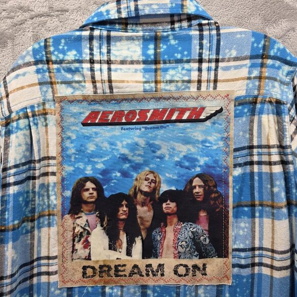 Aerosmith Shirt Mens Large Blue Plaid Flannel Angry Minnow Dream On Patch Rock - Picture 8 of 11